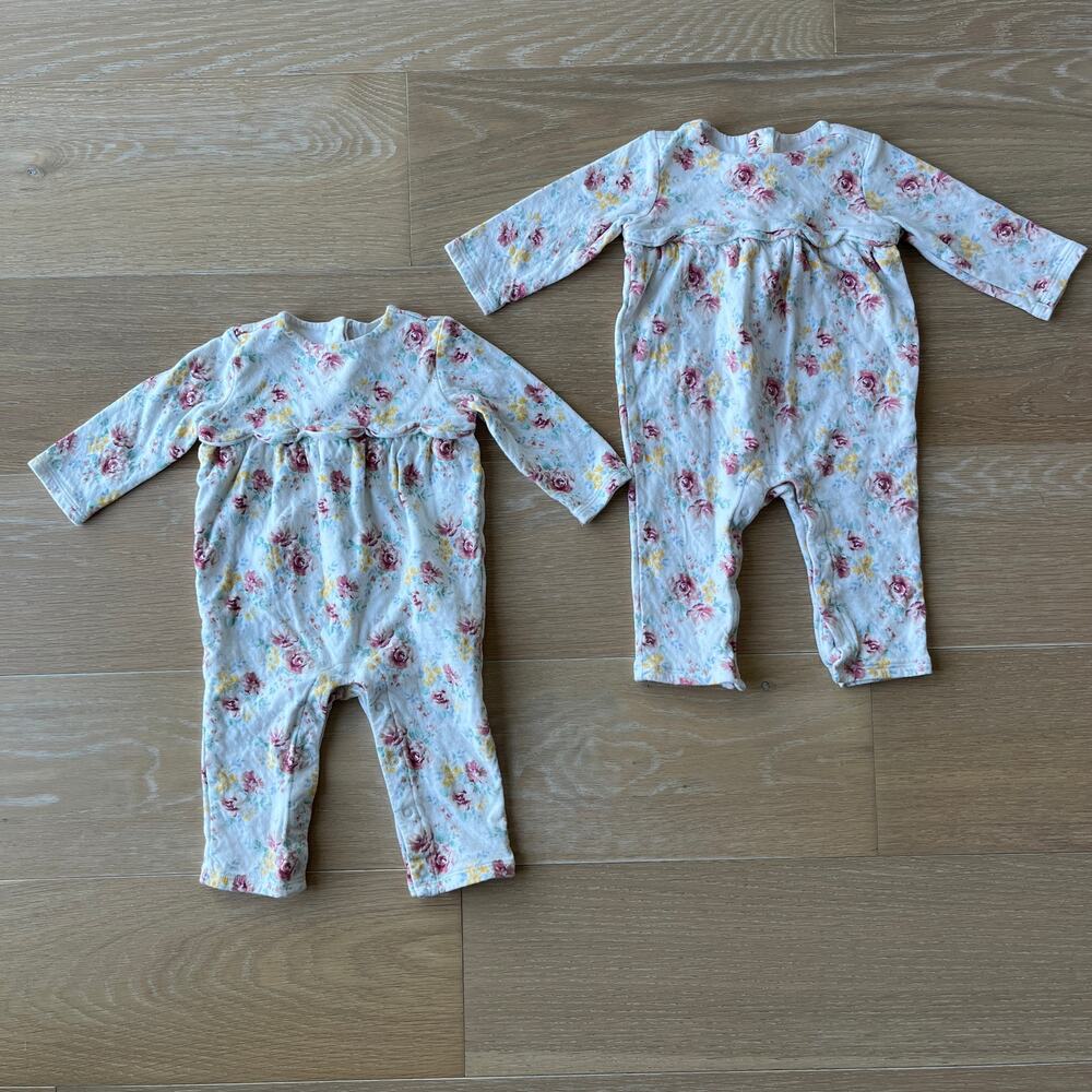 Janie and Jack Baby (2) Floral Scalloped Edge One-Piece Rompers Twins 6-12 month